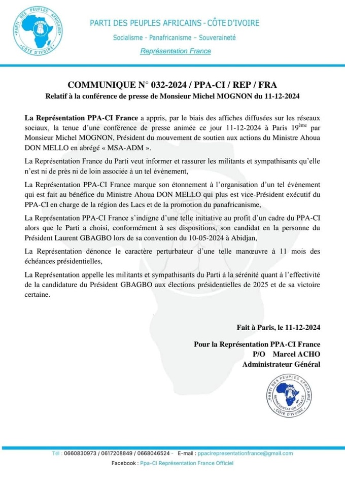 Au lancement de son mouvement, M. Kore Moussa Michel MOGNON, président du MSA – ADM rassure : La représentation PPA-CI peut se tenir tranquille.