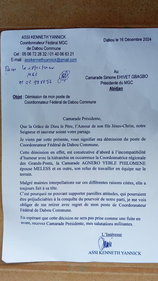 Le courrier de  Assi Kenneth Yannick annonçant sa démission