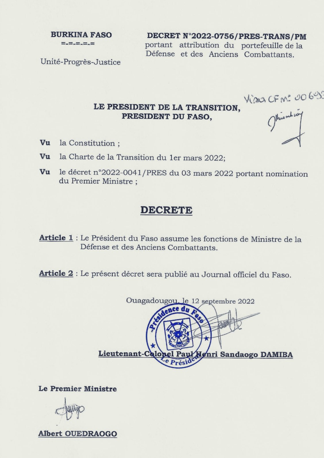 Burkina Faso : Damiba éjecte son ministre de la défense et prend sa place au gouvernement