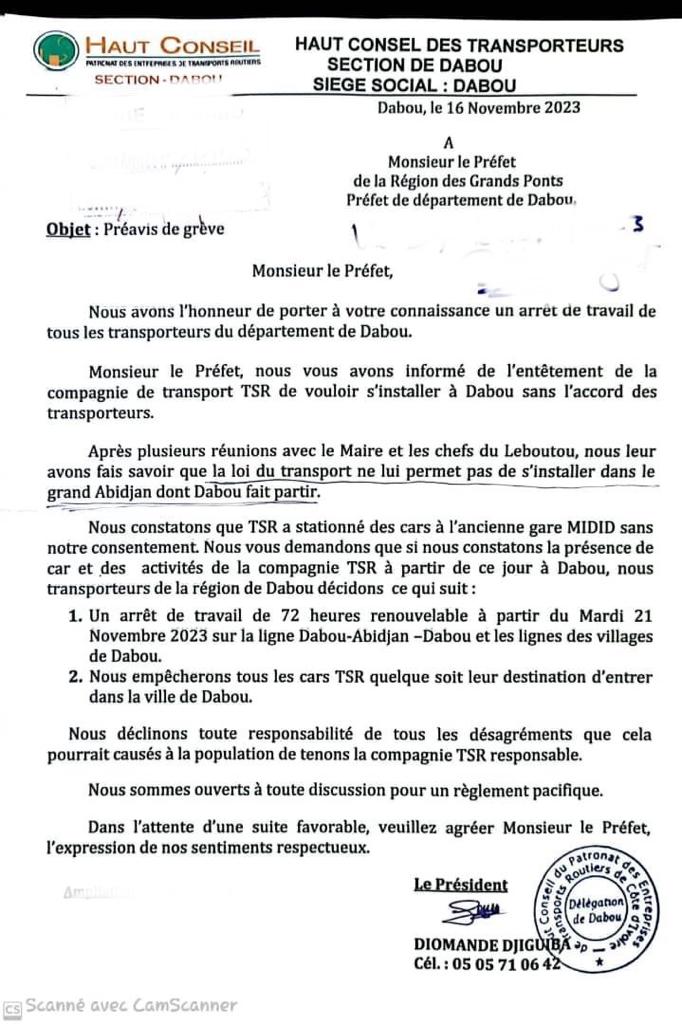 Le courrier adressé au préfet annonçant le préavis de grève