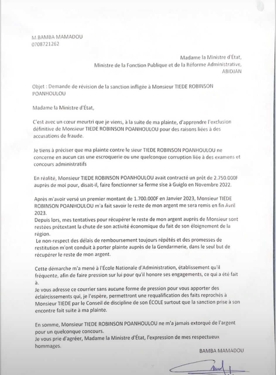 Une copie du courrier adressé par  Bamba Mamadou