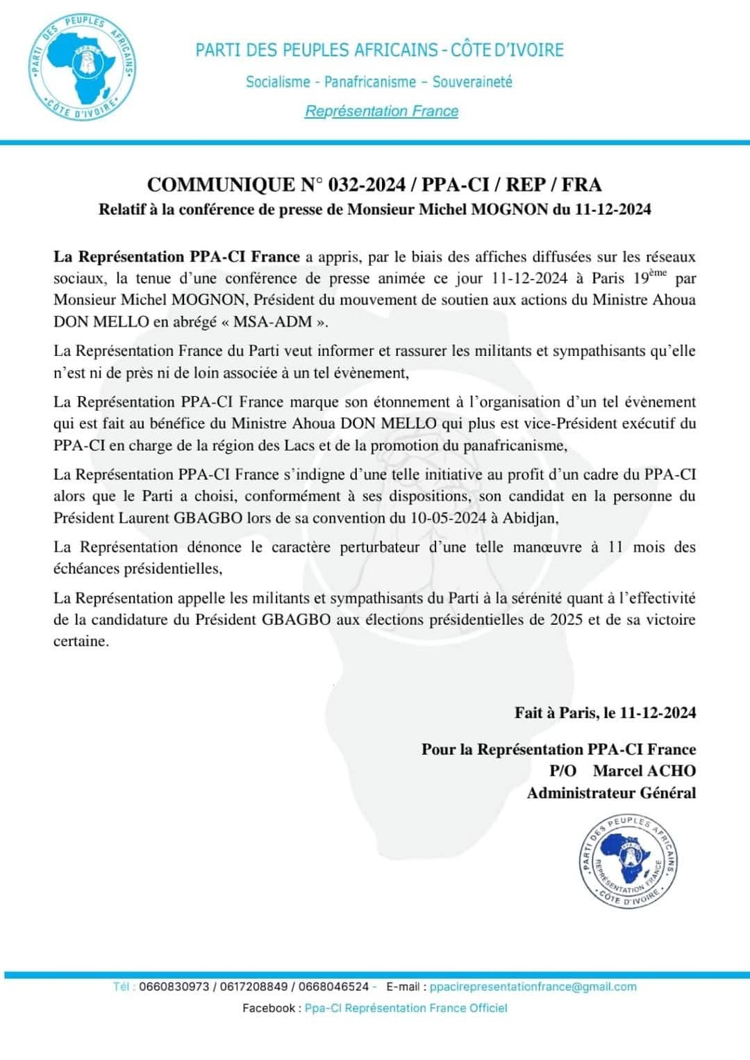 Au lancement de son mouvement, M. Kore Moussa Michel MOGNON, président du MSA – ADM rassure : La représentation PPA-CI peut se tenir tranquille.