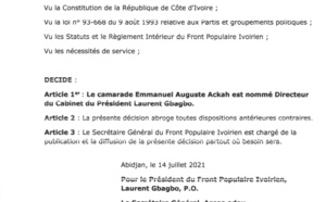 COTE D'IVOIRE : LAURENT GBAGBO NOMME EMMANUEL AUGUSTE ACKAH DIRECTEUR DE SON CABINET