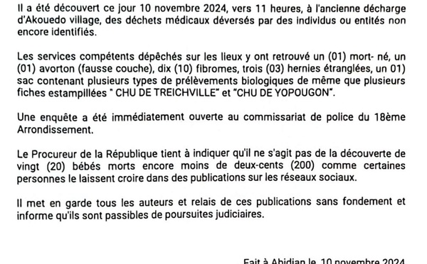 Affaire " 20 corps de bébés découverts à la poubelle d'Akouédo/ Le procureur de la République dément